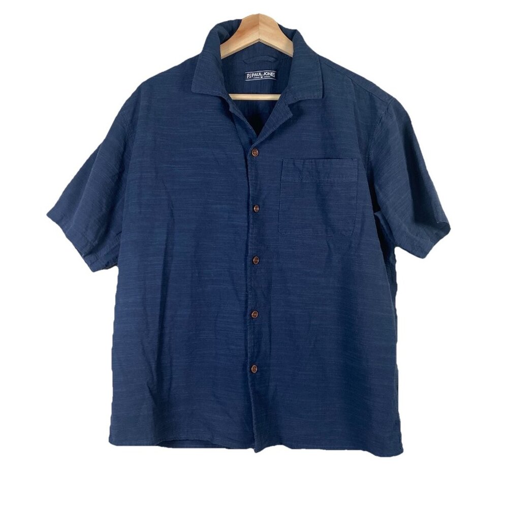 PJ Paul Jones Shirt Mens M Short Sleeve Texture Button Up Preppy Navy Blue Beach